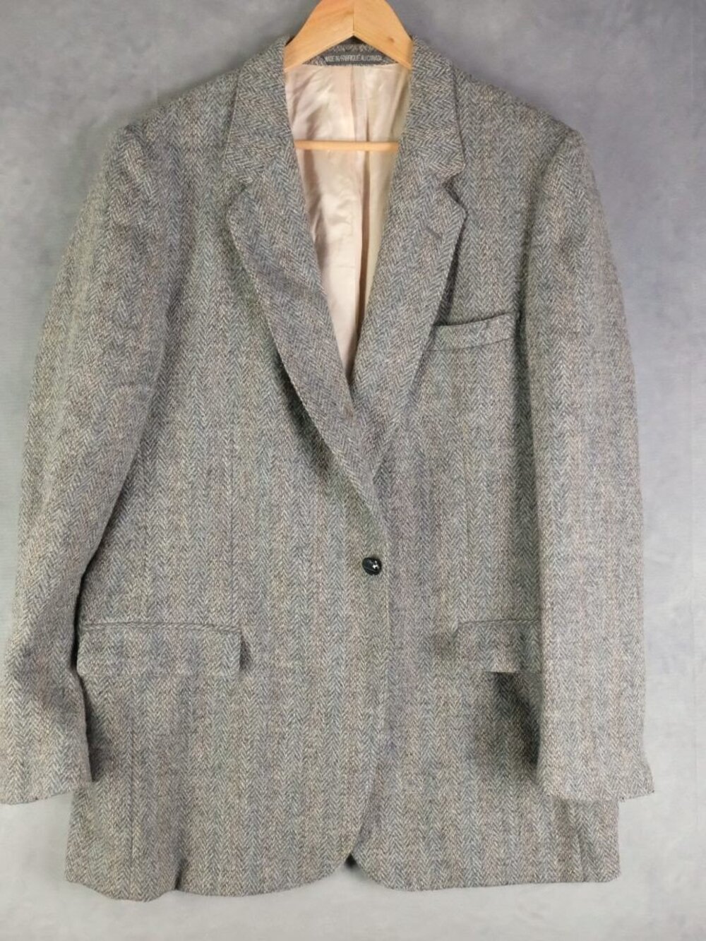 Harris Tweed Herringbone Blazer Gray Wool 42L Tall Sport Coat Two Button Vented